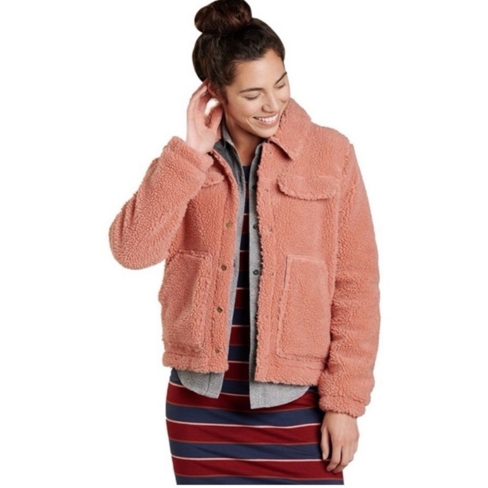 Toad&Co Hutton Sherpa Jacket Sz M Snap Front Pink Cozy Scandi Girl Granola Cozy